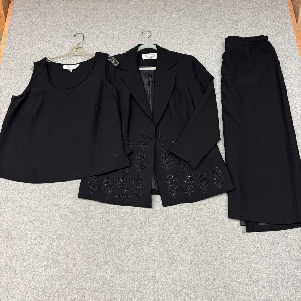 Maxie Klein Skirt Suit Set 14W Black 3pc Blazer Shell Maxi Floral Beaded Formal
